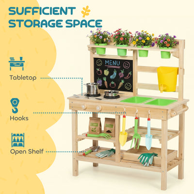 AIYAPLAY Kids Mud Kitchen, Outdoor Wooden Play Kitchen with Kitchenware & Garden Tools, Pretend Play Outdoor Toys, Natural 