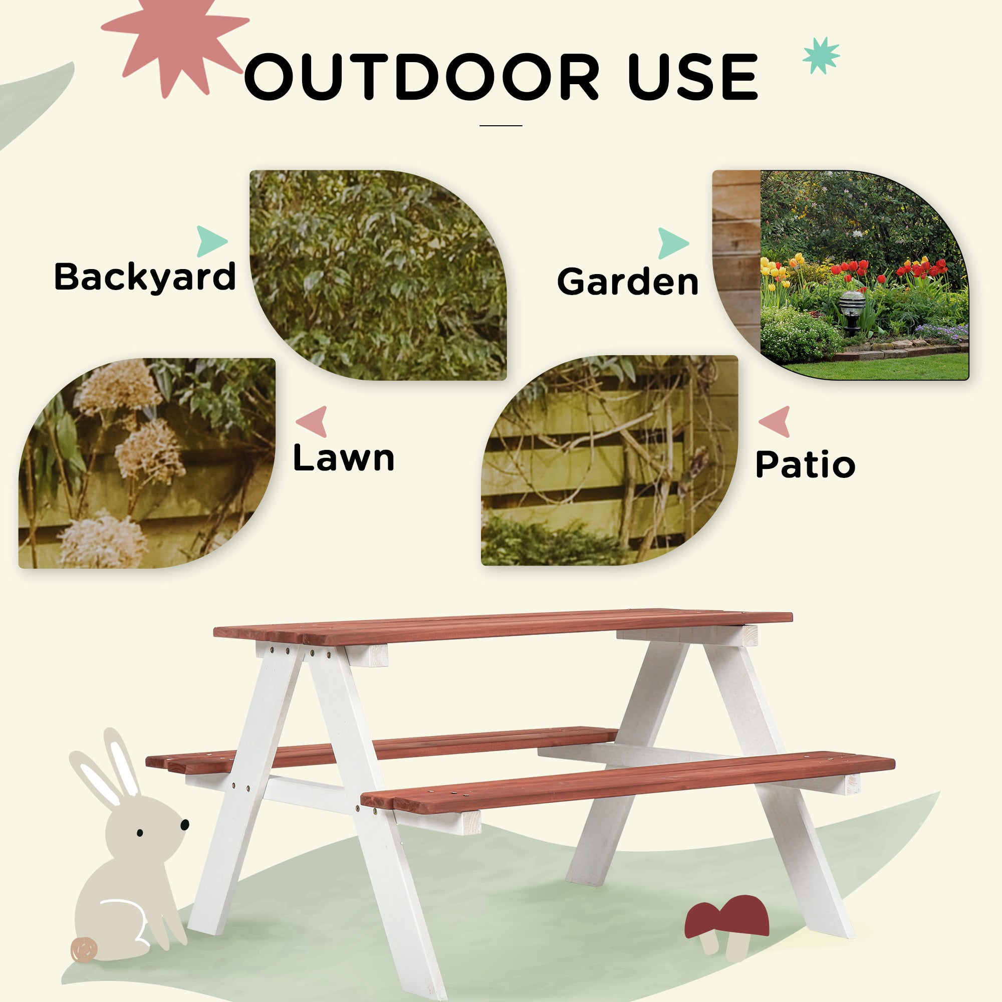 Outsunny Kids Picnic Table, Wooden Table and Bench Set, Kids Garden Furniture for Patio Aged 3-8 Years Old, Brown 