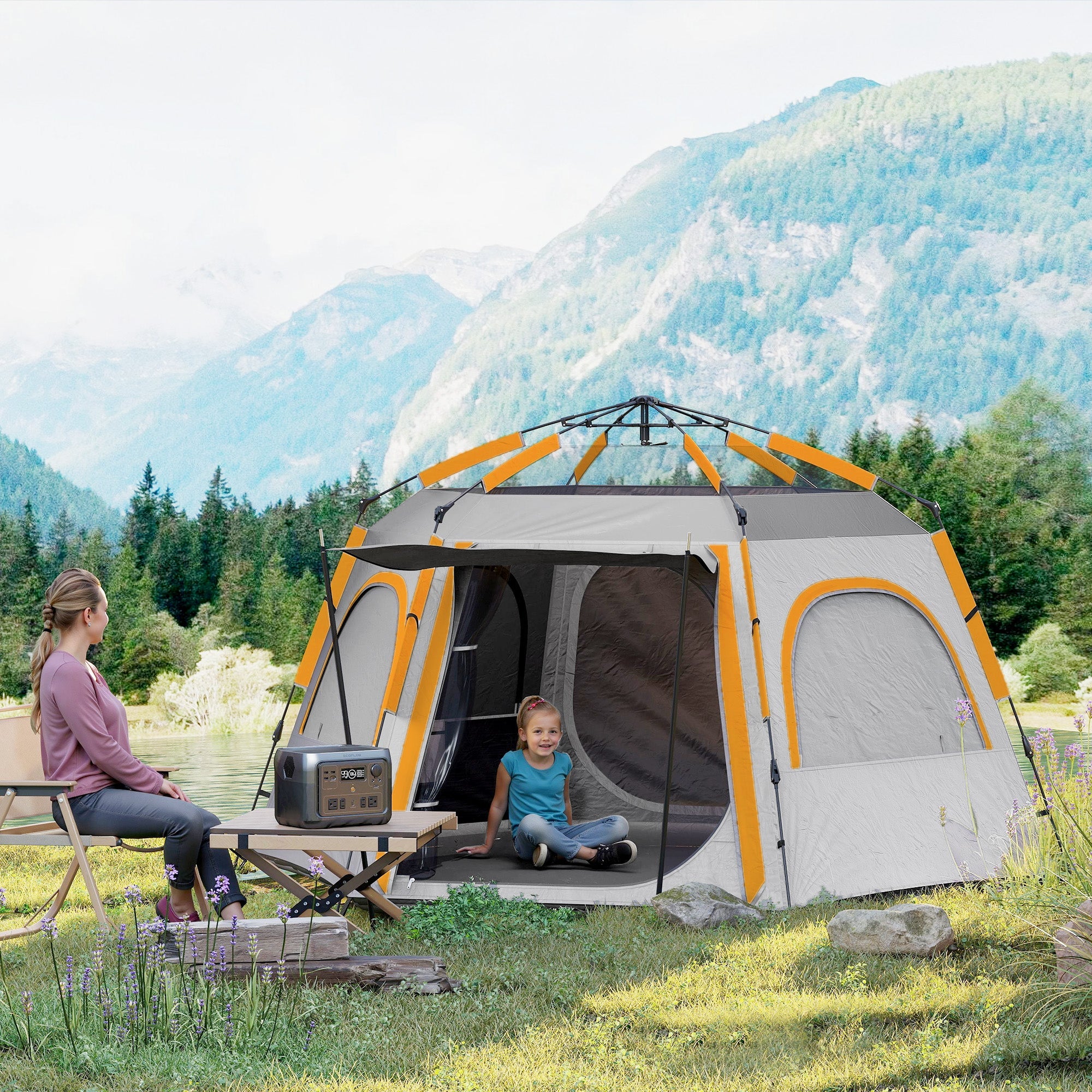 Outsunny Instant Camping Tent, 2/3/4 Person Easy Setup Family Tent with Vestibule, Rainfly, 4 Mesh Windows & 2 Doors, Hexagonal Design, Waterproof UV Protected Dome Tent, Light Grey 