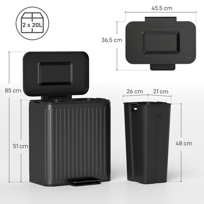 HOMCOM 40L Dual Compartment Rubbish Bin, with Soft-Close Lid - Black 