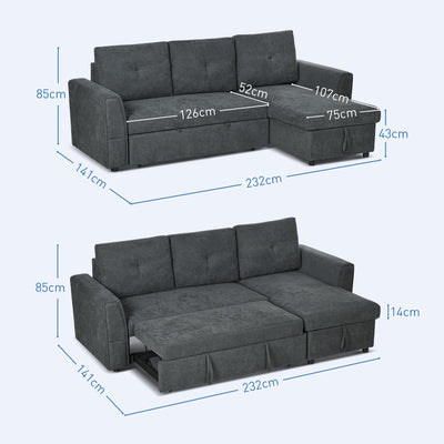 HOMCOM 3 Seater Sofa Bed, L Shaped Pull Out Sofa Bed with Storage, Convertible Click Clack Settee Sectional Sleeper Futon for Living Room, Office, Dark Grey 