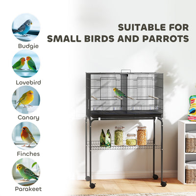 PawHut Bird Cage with Divider, 4 Wooden Perches, Slide Out Tray, 4 Feeders, for Budgie, Lovebird, Canary, 76 x 46 x 116cm Black 
