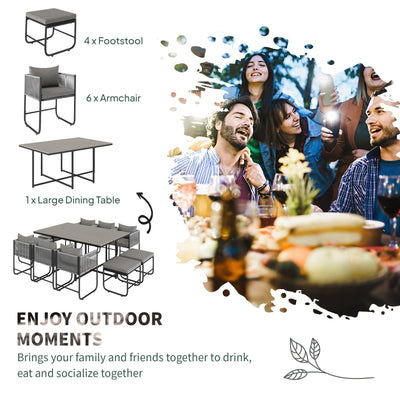 Outsunny 10 Seater Rattan Cube Garden Furniture Set, Rattan Dining Set with Cushions, Outdoor Dining Table and Chairs with 6 Armchairs, 4 Stools, Rectangular Wood Grain Plastic Top Table, Grey 
