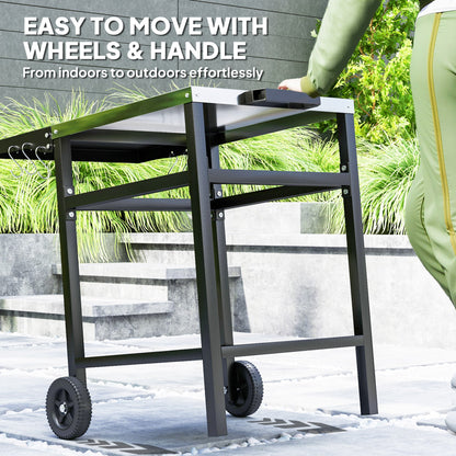 Outsunny BBQ Trolley with Stainless Steel Top and Foldable Side Table, Outdoor Kitchen BBQ Station with Hooks and Shelf, Pizza Oven Table Movable Outdoor Grill Dining Cart with Cover, Black 