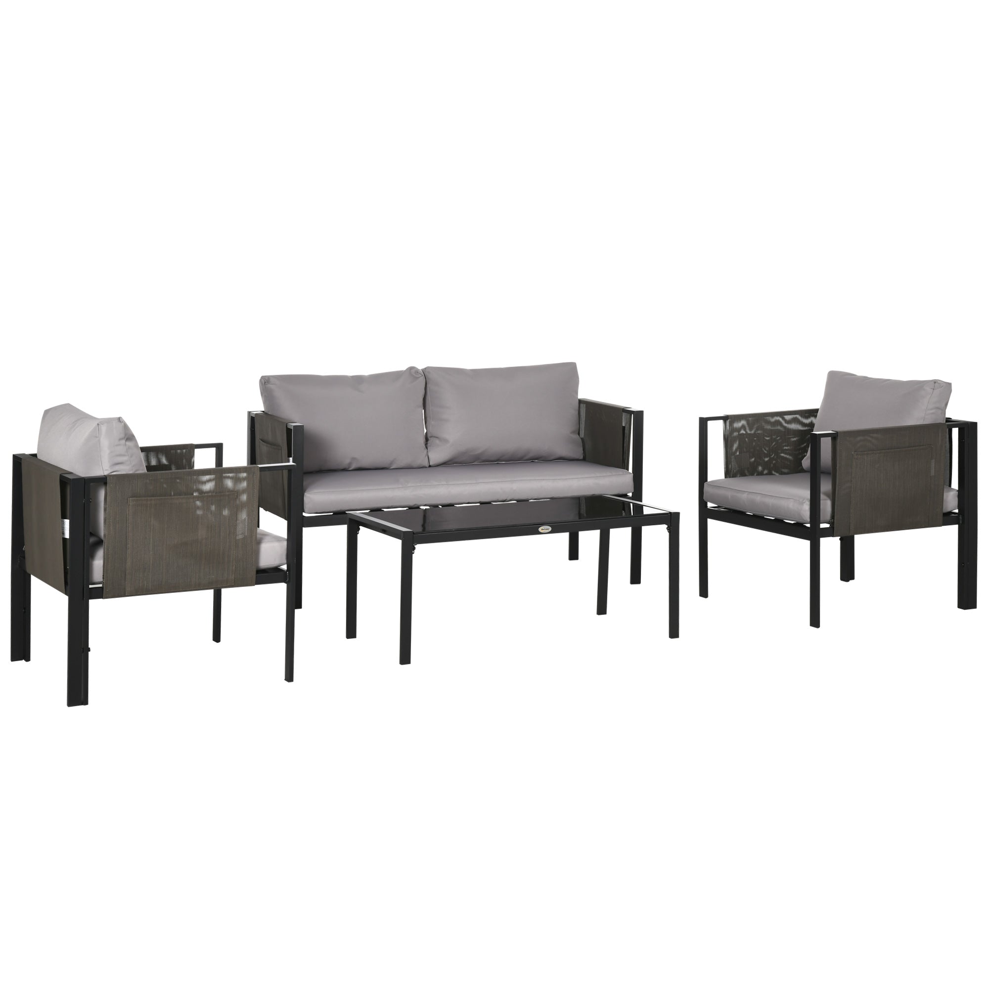 Outsunny 4 Piece Metal Garden Furniture Set with Tempered Glass Coffee Table, Texteline Pocket, Outdoor Patio Set Loveseat Single Armchairs with Padded Cushions, Light Grey 