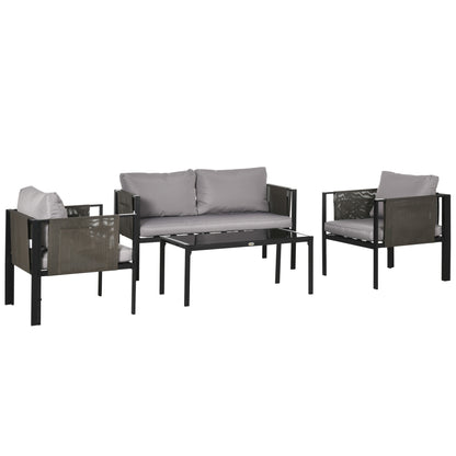 Outsunny 4 Piece Metal Garden Furniture Set with Tempered Glass Coffee Table, Texteline Pocket, Outdoor Patio Set Loveseat Single Armchairs with Padded Cushions, Light Grey 
