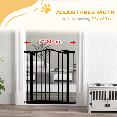 PawHut Metal 74-80cm Adjustable Pet Gate Safety Barrier w/ Auto-Close Door Black 