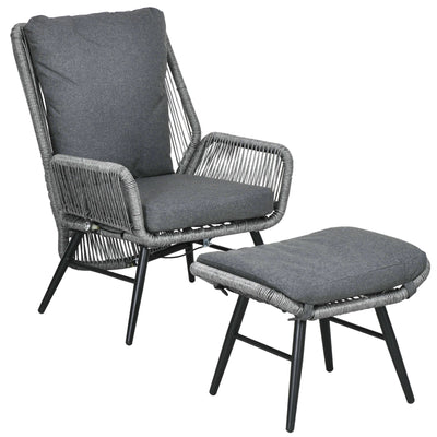 Outsunny String Rattan Armchair and Footstool Set, with Cushions - Grey 