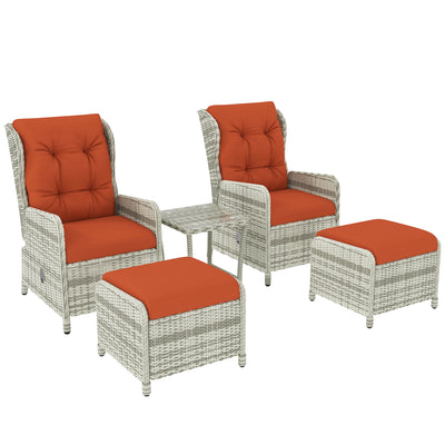 Outsunny 5 Pieces Rattan Bistro Set with Adjustable Back, Reclining Wicker Balcony Furniture with Cushions, Glass Top Coffee Table and Footstools, Outdoor Table and Chairs, Orange 