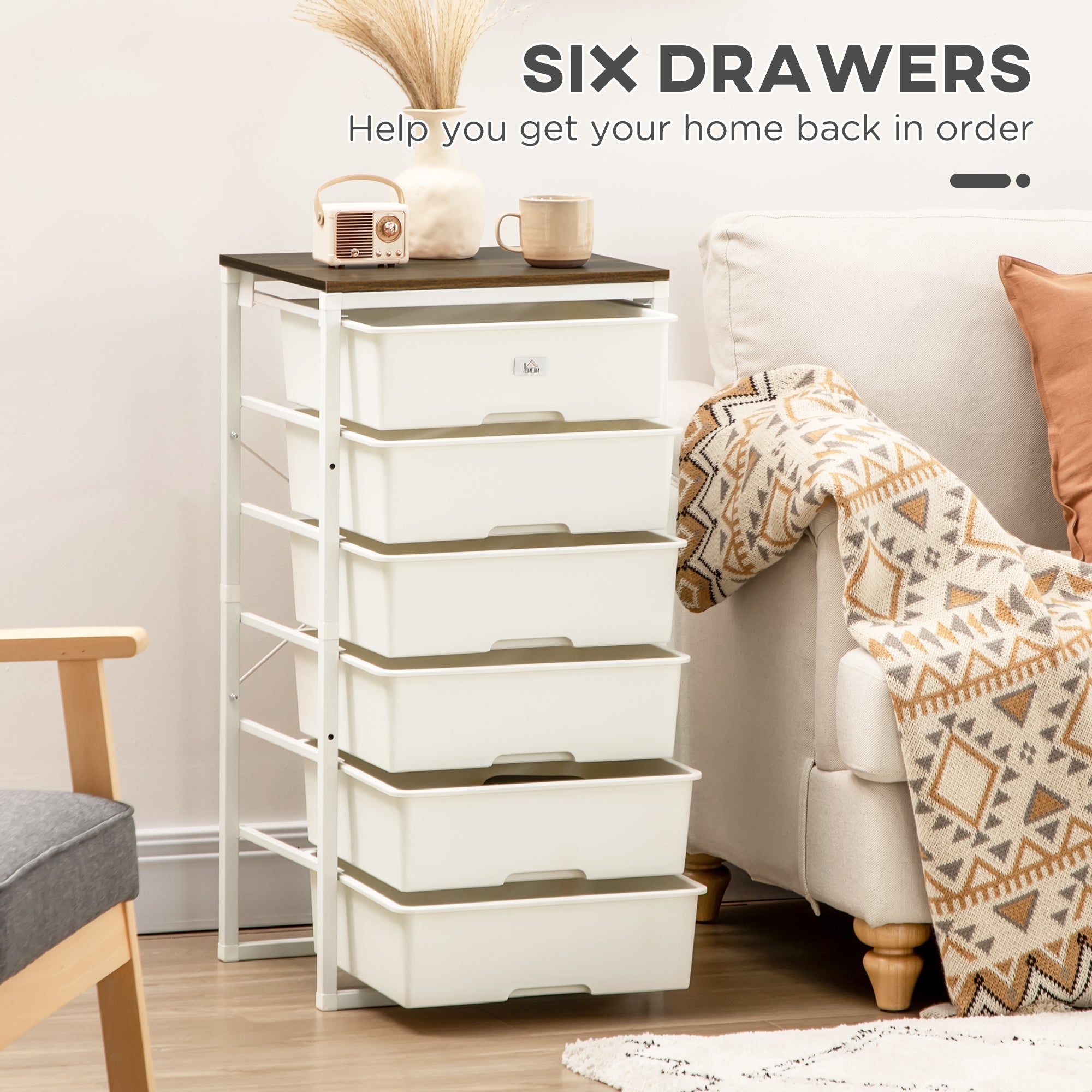 HOMCOM Bedroom Chest of Drawers, 6-Drawer Dresser, Tall Storage Drawer Unit with Steel Frame for Living Room, White 