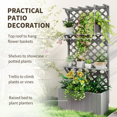 Outsunny 52L Wooden Planter, with Trellis and Shelves - Grey 
