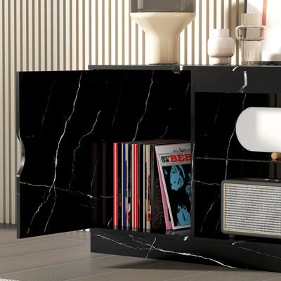HOMCOM TV Stand Cabinet, Marble Effect TV Unit for up to 55" TVs with Glass Shelf and Storage Cabinet, Entertainment Unit for Living Room, Bedroom, Black 