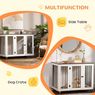 PawHut Dog Crate Furniture, Dog Cage End Table with Wheels, Lockable Door, for Medium Dogs, 106 x 60 x 82 cm - White 