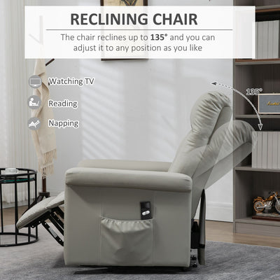 HOMCOM Power Lift Chair, PU Leather Recliner Sofa Chair for Elderly with Remote Control, Side Pocket, Grey 