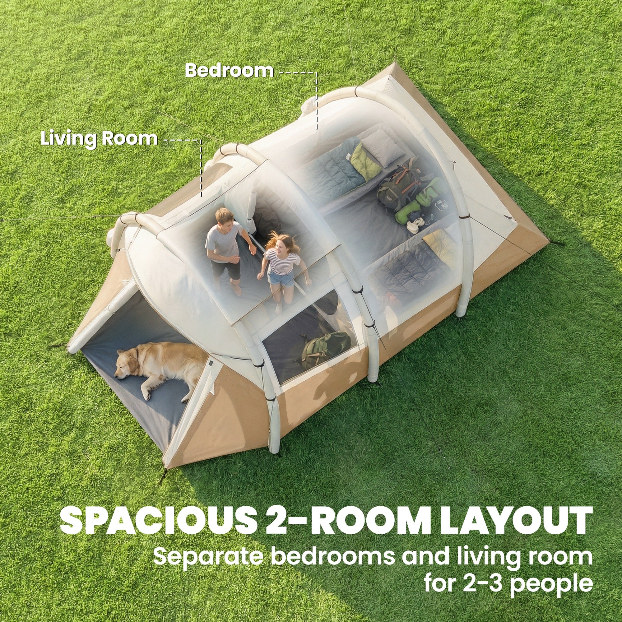 Outsunny Inflatable Camping Tent w/ Air Pump, Easy Setup 2-3 Person Blow Up Tent, Khaki 