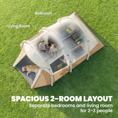 Outsunny Inflatable Camping Tent w/ Air Pump, Easy Setup 2-3 Person Blow Up Tent, Khaki 