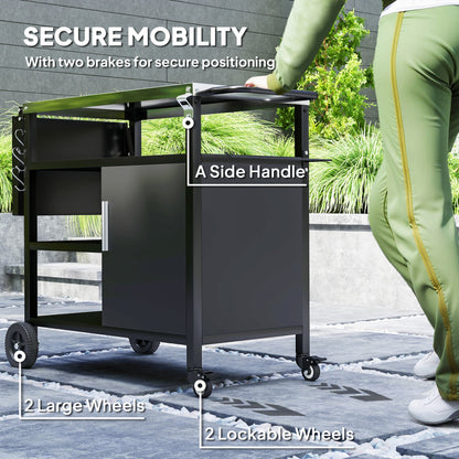 Outsunny Outdoor BBQ Trolley with Foldable Side Table, Stainless Steel Top, Outdoor Kitchen with Wheels Hooks Shelves Cabinet, Pizza Oven Table Movable Outdoor Grill Dining Cart with Cover, Black 