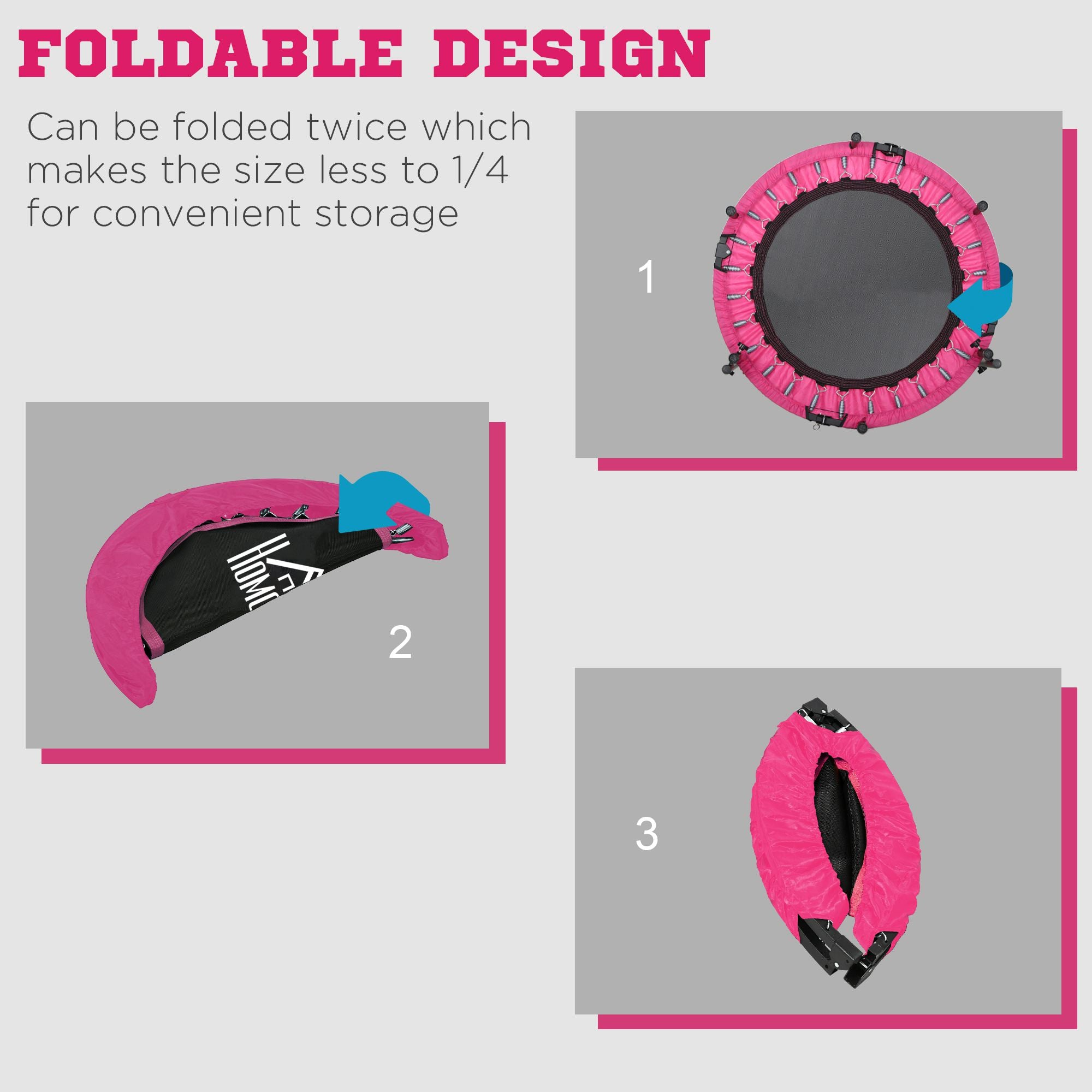 HOMCOM 40" Foldable Mini Fitness Trampoline, with Adjustable Foam Handle, Pink 