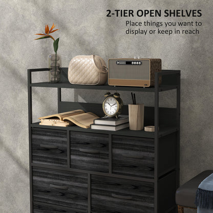 HOMCOM Rustic Chest of Seven Fabric Drawers - Black 