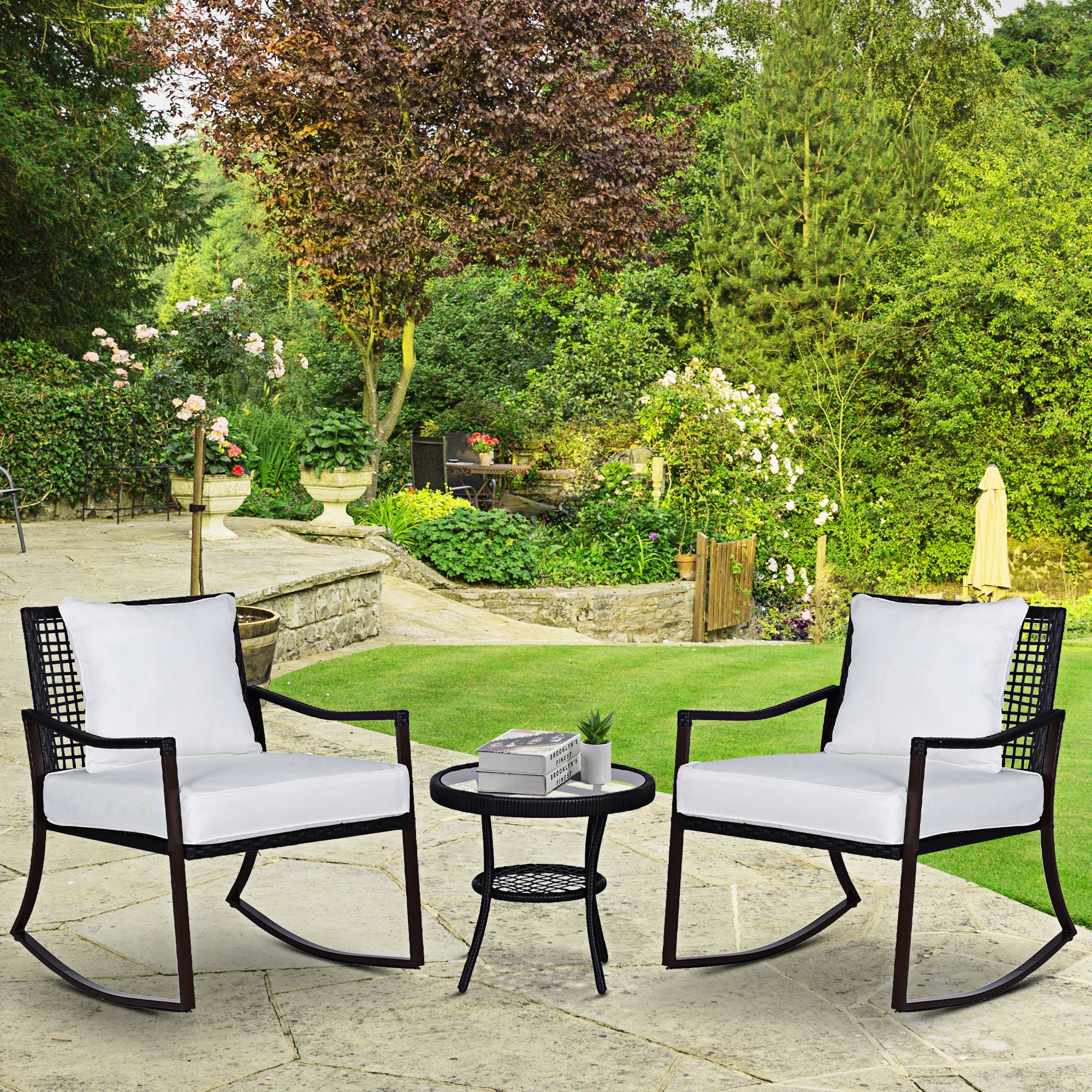 Outsunny Rattan Bistro Set, 3 Pieces Wicker Garden Furniture Set with Rocking Chairs and Round Glass Top Coffee Table, Small Balcony Furniture with Cushions for Outdoor, Porch, Brown 