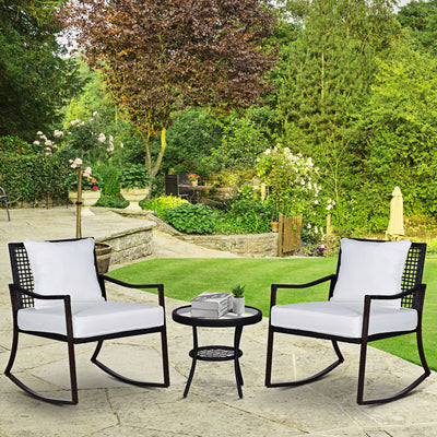 Outsunny Rattan Bistro Set, 3 Pieces Wicker Garden Furniture Set with Rocking Chairs and Round Glass Top Coffee Table, Small Balcony Furniture with Cushions for Outdoor, Porch, Brown 