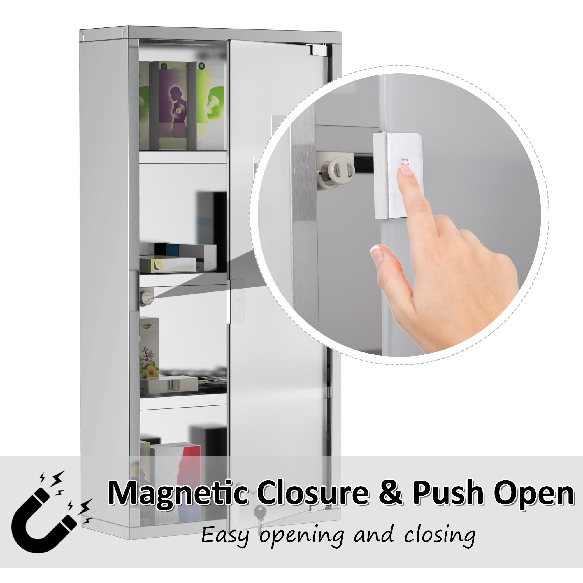 HOMCOM 4 Tier Stainless Steel Wall Mounted Medicine Cabinet Glass Lockable Door Storage Shelves Houseware Bathroom Furniture 60Hx30Wx12D(cm) w/2 Keys 