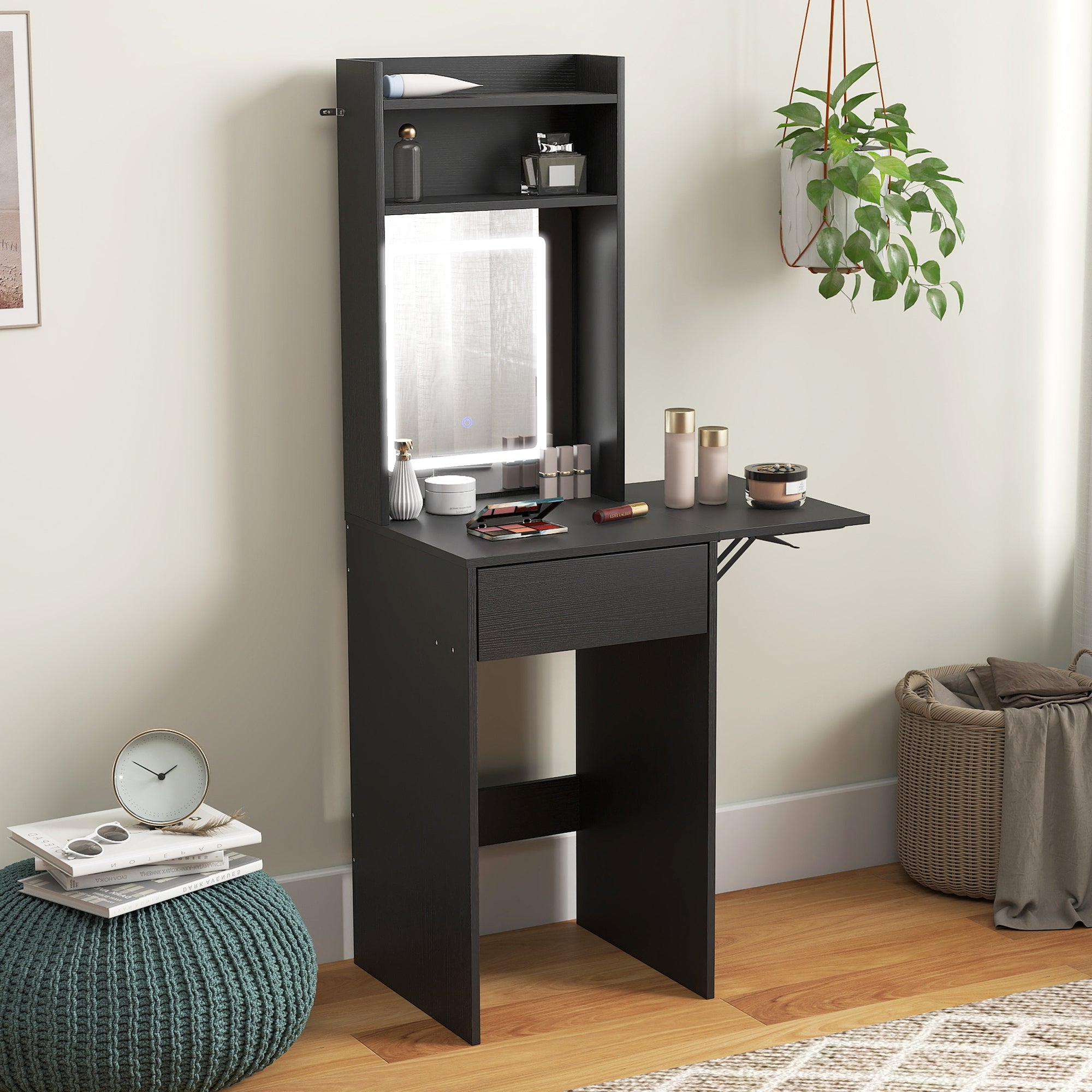 HOMCOM Small Vanity Desk with Mirror and LED Lights, Compact Dressing Table with Drop Leaf, Open Shelves and Drawer, Black 