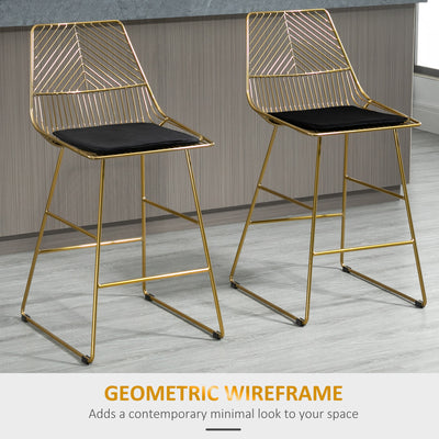 HOMCOM Set of 2 Bar stools Modern Counter Height Wire Metal Bar chairs for Kitchen, Bar Counter, Gold 