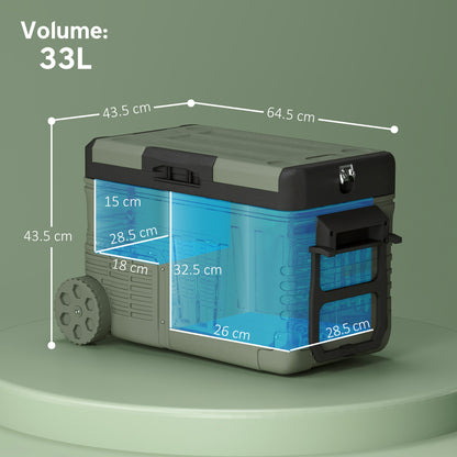 Outsunny 33L Camping Fridge Freezer Dual Zone, Portable Car Fridge 12V/24V DC & 100-240V AC, Electric Cool Box -20℃-20℃ with Wheels and LED Light, for Travel, RV, Road Trip, Picnic [Energy Class E]
