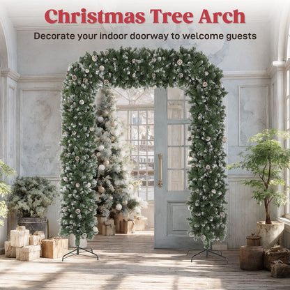 HOMCOM 8.2 ft Snow Frosted Christmas Tree Arch, Christmas Arch Doorway Decor with 1800 Tips and 91 Pinecones, Artificial Xmas Tree with Metal Stand for Indoor, Green