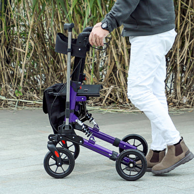 HOMCOM Folding Rollator Walker with Seat, Backrest, Lightweight Walking Frame with Storage Bag, Dual Brakes, Adjustable Handle Height, Suspension System, 4 Wheeled Walker for Seniors, Purple 