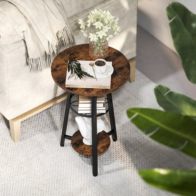 HOMCOM Small Round Side Table with 3 Storage Shelves - Rustic Brown 
