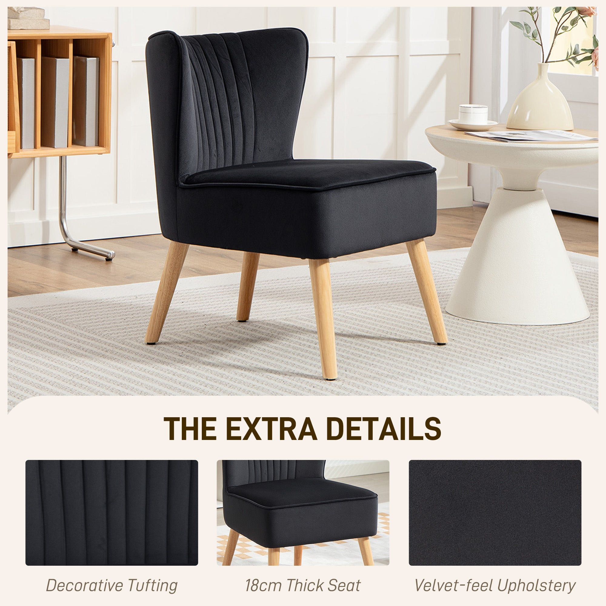 HOMCOM Modern Accent Chair, Fabric Living Room Chair with Rubber Wood Legs and Thick Padding, Black