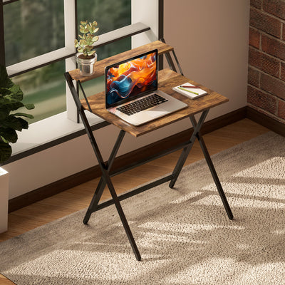 HOMCOM 70 cm Folding Computer Desk with Monitor Shelf - Rustic Brown 