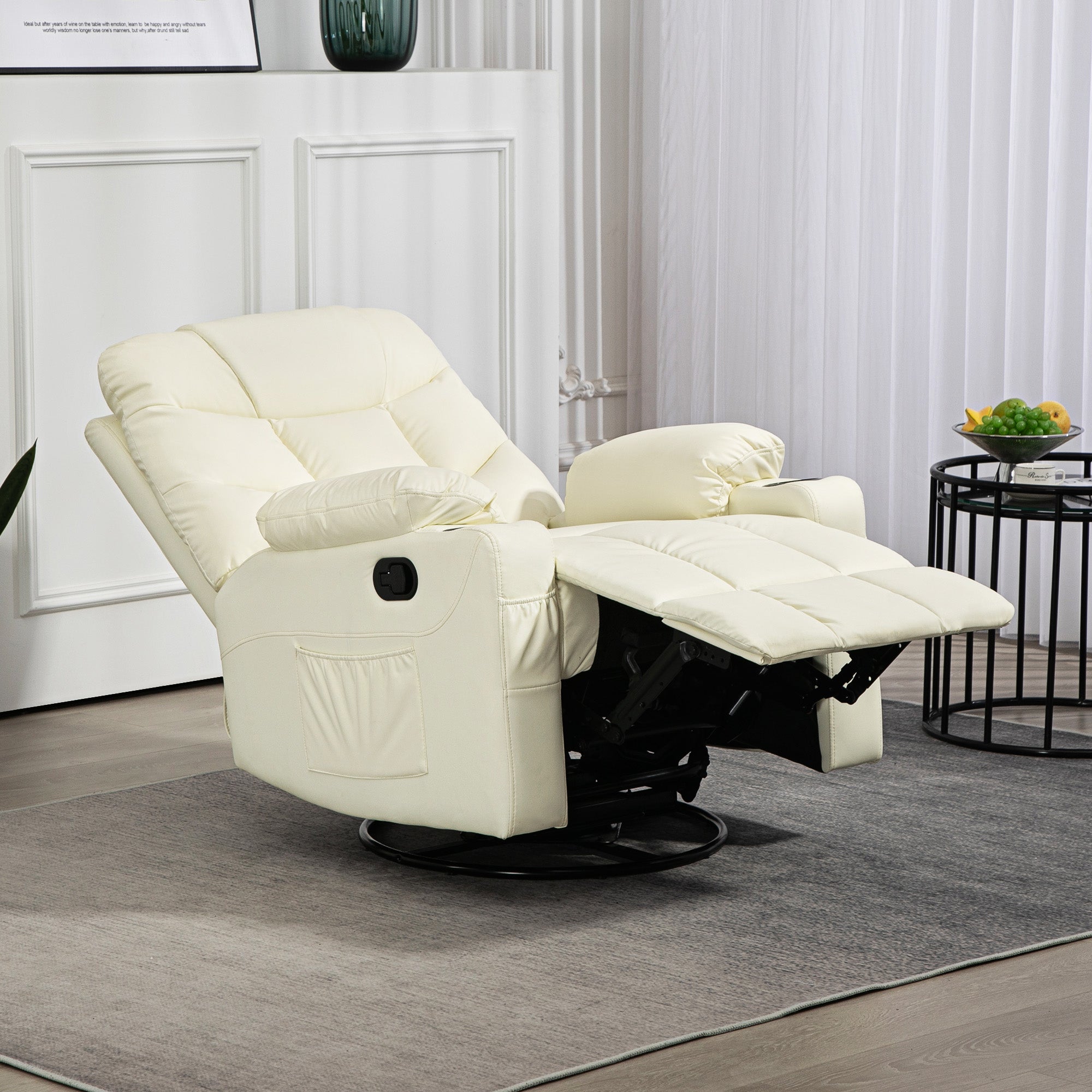 HOMCOM Manual Reclining Chair, Recliner Armchair with Swivel, Faux Leather, Footrest, Cup Holders, 86x93x102cm, Cream
