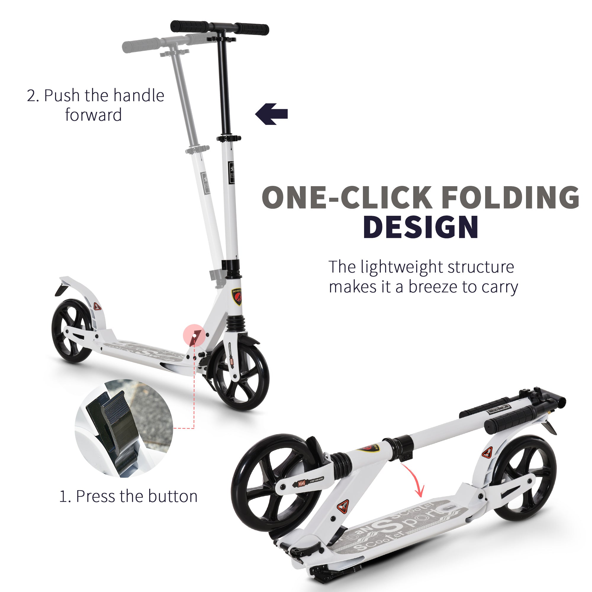 HOMCOM Folding Kick Scooter, Adjustable Ride On Scooter with 200mm Big Wheels and Double Shock Absorption, Urban Scooter for 14+ Teens Adult- White 