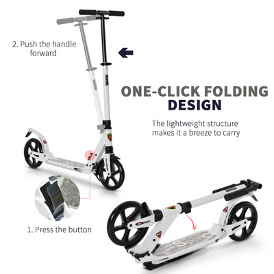 HOMCOM Folding Kick Scooter, Adjustable Ride On Scooter with 200mm Big Wheels and Double Shock Absorption, Urban Scooter for 14+ Teens Adult- White 
