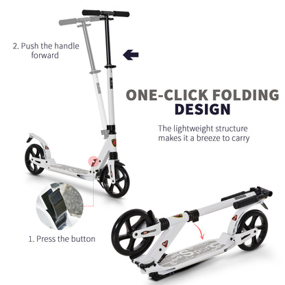 HOMCOM Folding Kick Scooter, Adjustable Ride On Scooter with 200mm Big Wheels and Double Shock Absorption, Urban Scooter for 14+ Teens Adult- White 