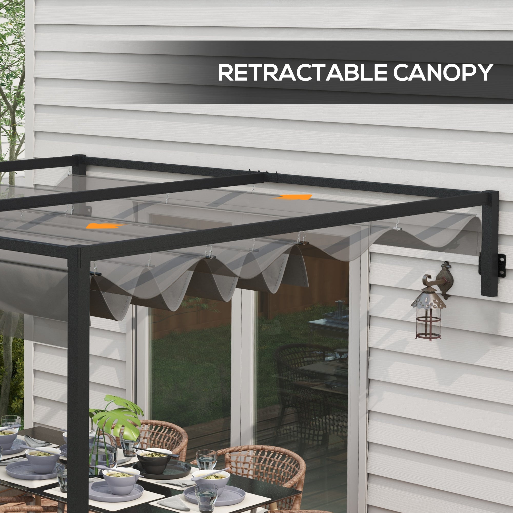 Outsunny 3 x 4m Lean To Steel Pergola, with Moving Fabric Canopy - Dark Grey
