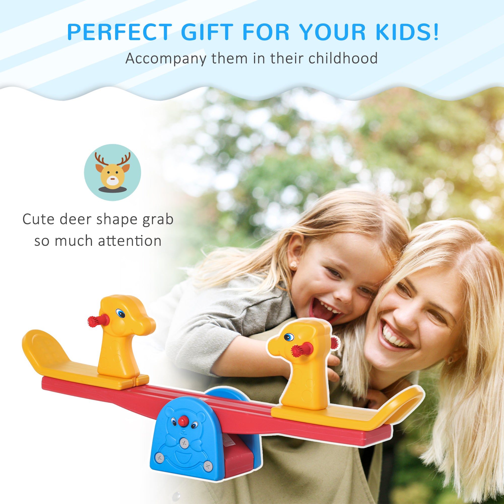 HOMCOM Kids Seesaw Safe Teeter Totter 2 Seats with Easy-Grip Handles, Safe, Indoor Outdoor Living Room Playroom Backyard Equipment, for 1-4 years old Multicolor 