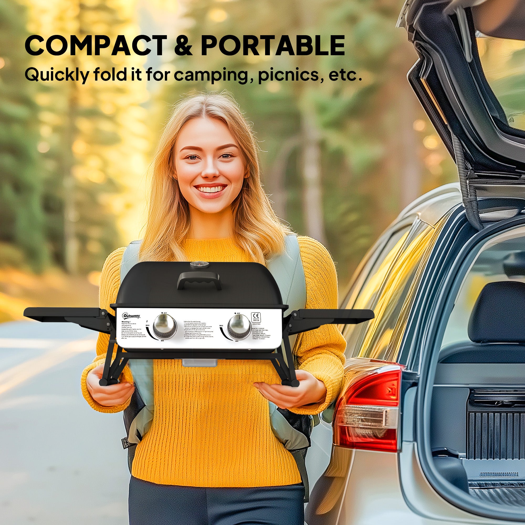 Outsunny 2 Burner Gas BBQ Grill with Foldable Side Tables, Portable Tabletop Gas Barbecue Grill with Built-in Thermometer, Lid, Grease Tray for Garden Party Camping Picnic Outdoor Cooking 5.6KW, Black