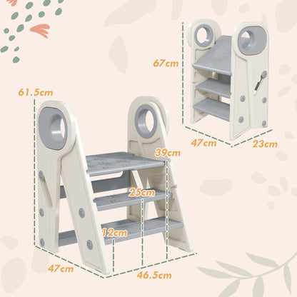 AIYAPLAY Foldable and Adjustable Toddler Tower with Handle, Non-Slip, Grey 