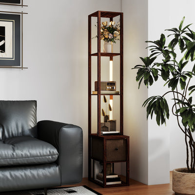 HOMCOM Floor Lamp with Shelves, LED Column Modern Standing Lamp with Fabric Drawer, Adjustable Brightness, Foot Switch for Living Room, Bedroom, Office, Dark Brown 