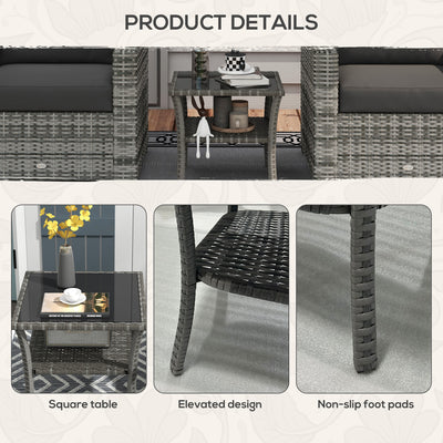 Outsunny 50cm Outdoor PE Rattan Coffee Table, Patio Wicker Two-tier Side Table with Glass Top, for Patio, Garden, Balcony, Grey 