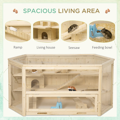 PawHut 3 Tier Wooden Large Hamster Cage with Sliding Tray, Seesaws, Water Bottle, Natural 