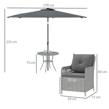 Outsunny 4 Seater Rattan Dining Set with Parasol & Cushions - Light Grey 