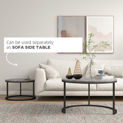 HOMCOM Industrial Nesting Coffee Table Set of 2, Round Coffee Tables, Living Room Table with Faux Marbled Top and Steel Frame 