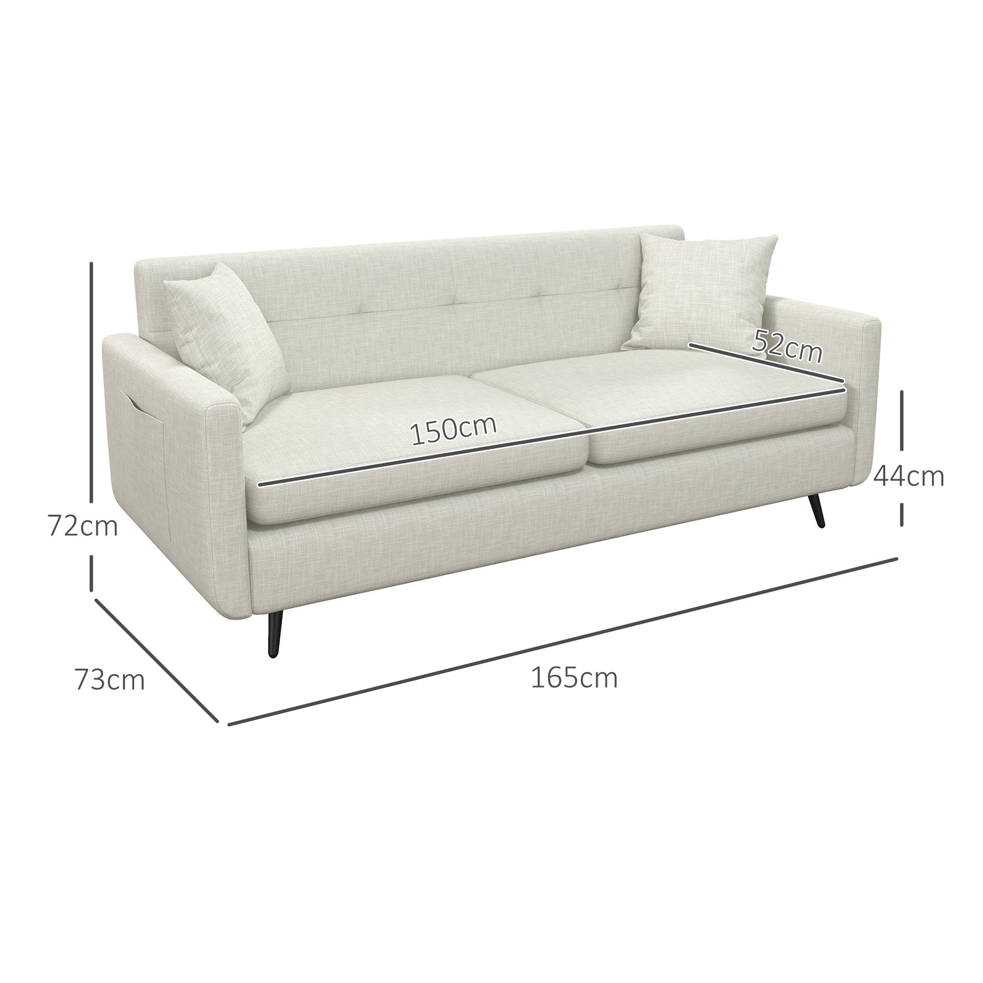 HOMCOM 165cm 3 Seater Sofa for Living Room, Modern Fabric Couch, Tufted Small Couch Sofa Settee with Steel Legs and 2 Storage Pockets for Bedroom and Home Office, Beige 