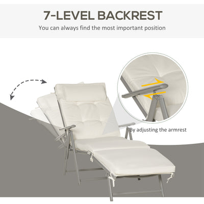 Outsunny Sun Lounger Steel Frame Outdoor Folding Chaise Texteline Lounge Chair Recliner with Headrest & 7 Levels Adjustable Backrest, Cream White 