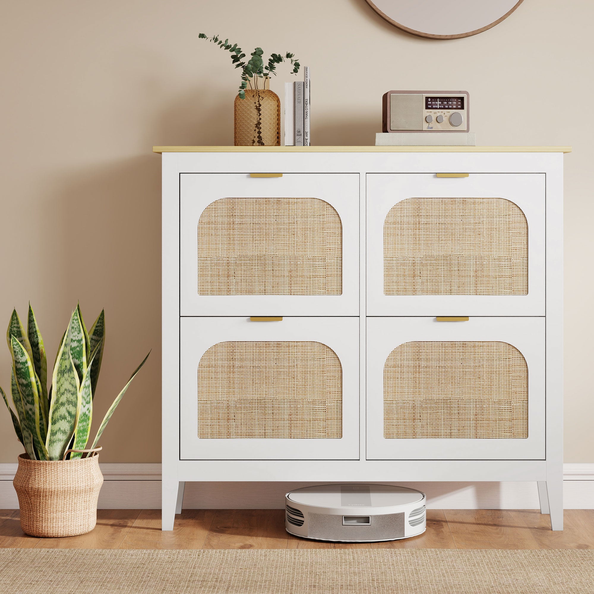 HOMCOM Narrow Shoe Cabinet, Boho Slim Shoe Storage Cabinet with 4 Flip Drawers, Holds 20 Pairs, White 